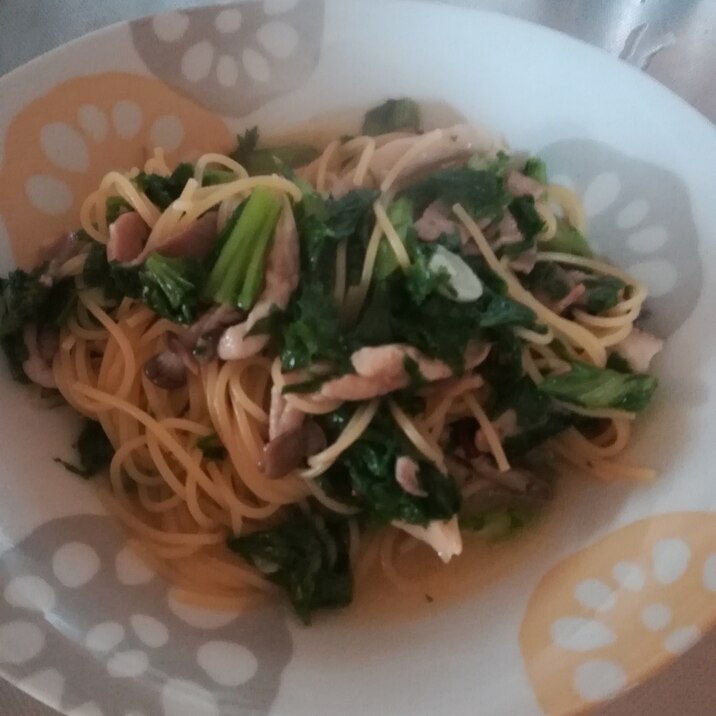 わさび菜とベーコンのパスタ